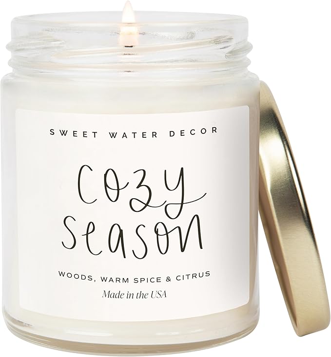 Sweet Water Decor Cozy Season Candle - Woods, Warm Spice, and Citrus Autumn Scented Soy Candles for Home - 9oz Clear Jar, 40 Hour Burn Time, Made in The USA