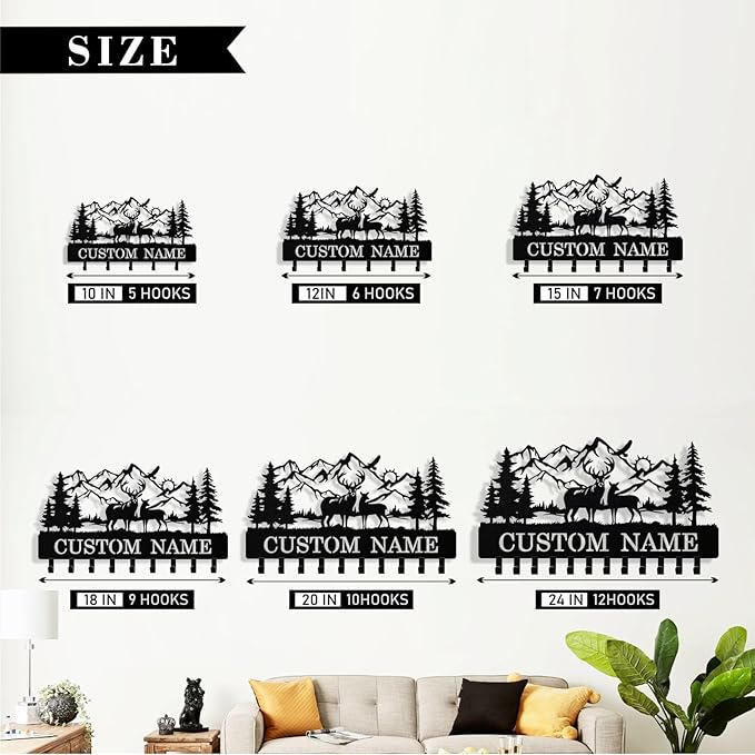 Personalized Deer Forest Key Holder Wall Mount, Custom Metal Keys Hanger for Wall with Name, Custom Key Rack Holder with Hooks for Entryway, Front Door, Hallway, Living Room, Kitchen