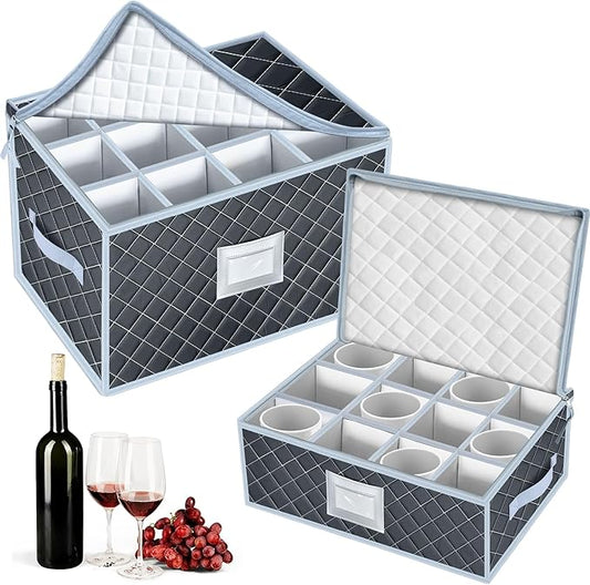 Wine Glass and Mug Storage Box with Dividers - 2 Pack China Storage Containers Set Holds 24 Glassware , Stemware，Coffee Mug and Tea Cup, Organizer Bin with Sturdy Metal Zipper,Label and Handles (Grey)