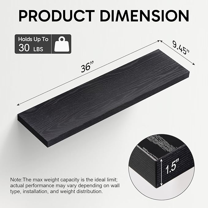 BAYKA Floating Shelves for Wall, 36 inches Long Wall Mounted Rustic Wood Shelves for Bathroom, Bedroom, Living Room, for Book/Storage/Decor with 30lbs Capacity - Black,Set of 3