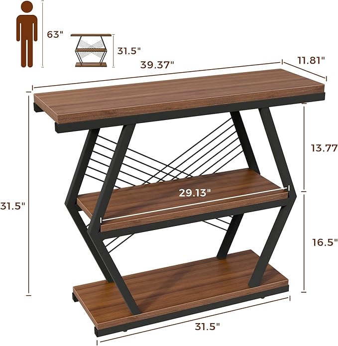 39.4" Entryway Table, Industrial 3-Tier Console Sofa Table with Open Wood Shelves, Wood Accent Table with Stable Metal Frame for Small Spaces, Entrance, Hallway, Foyer, Rustic Brown