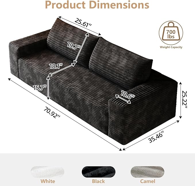 Cloud Loveseat Sofa, Modern Corduroy 2-Seater Couch with Deep Seat, No Assembly Required Memory Foam Sofa, Boneless Sofa in a Box for Bedroom, Apartment, Office,Small Space (Black,70.8in)
