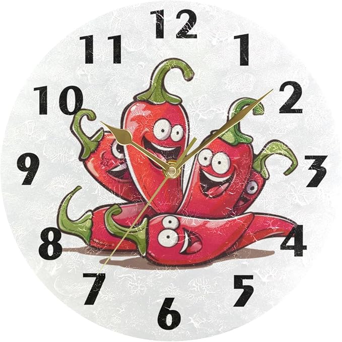 Cartoon Chili Pepper Wall Clock Round Silent Non-Ticking Battery Operated Clocks 10 Inch White Black Home Decor for Kitchen Bedroom Living Room