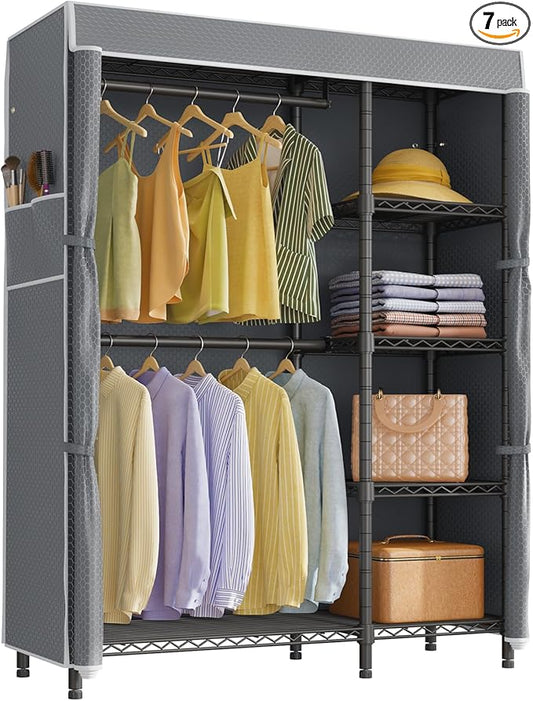 VIPEK V7C Garment Racks with Cover Portable Closets for Hanging Clothes, Heavy Duty Clothes Rack with Shelves Metal Closet Wardrobe, Max 670lbs, Black Rack with Grey Upgraded Polyester Cover