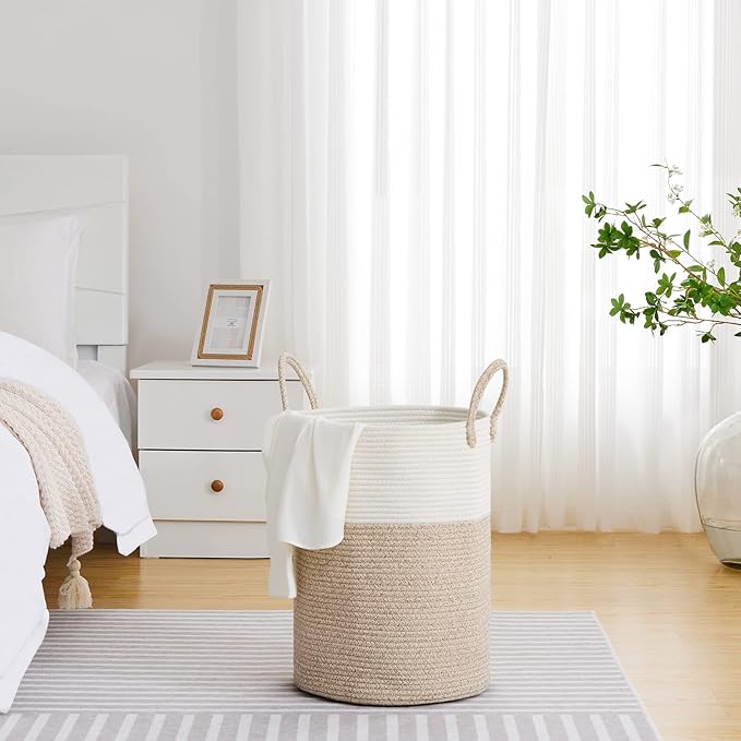 VIPOSCO Large Laundry Hamper, Tall Woven Rope Storage Basket for Blanket, Toys, Dirty Clothes in Living Room, Bathroom, Bedroom - 58L White & Brown