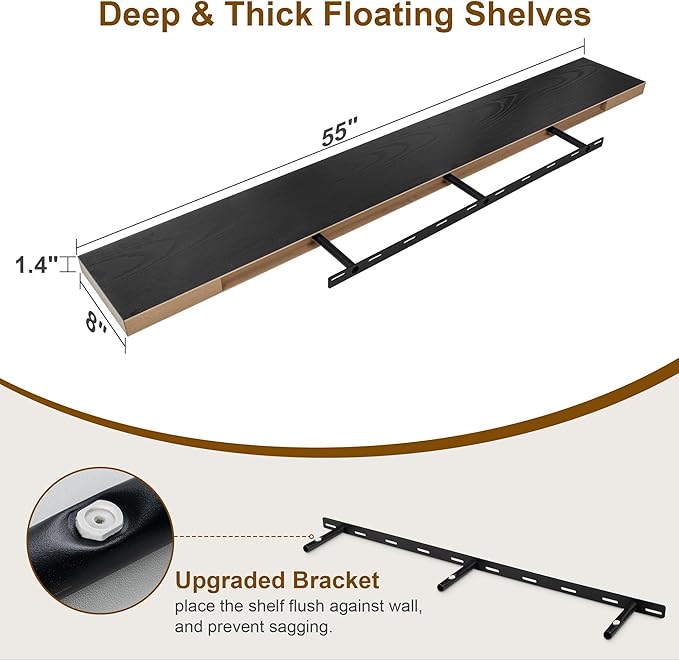Fun Memories Deep Black Floating Shelves, 8 Inch Deep Floating Shelf for Wall, Rustic Black Wall Shelves 55 Inch Long, Large 55 x 8 Storage Shelves for Living Room, Bedroom, Kitchen