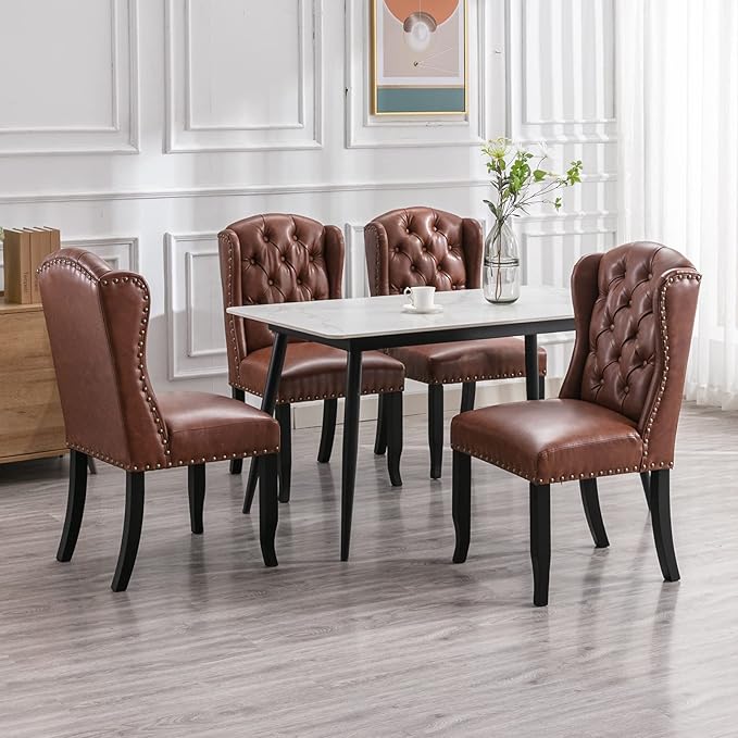 DUOMAY Modern Tufted Dining Chairs Set of 8, PU Leather Upholstered Dining Room Chairs Armless Guest Side Chair for Kitchen Dining Room, Wingback Accent Chairs with Solid Wood, Brown