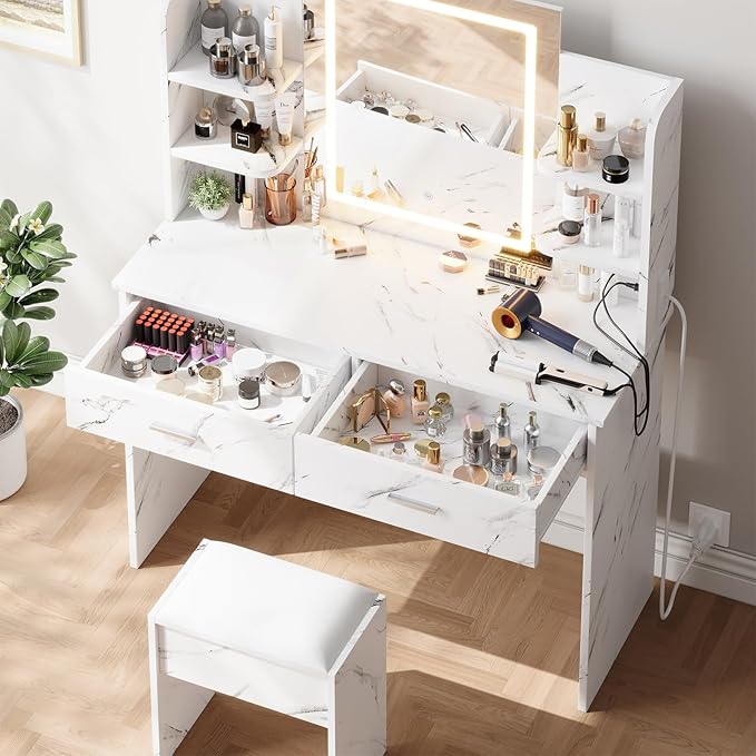 Garvee Vanity Desk with Lights | Tri-Mode LED Lighted Mirror & Charging Station | Makeup Vanity Set with 6 Shelves, 2 Drawers, Soft Cushion Stool | Dimmable Vanity Desk for Bedroom (Marble White)