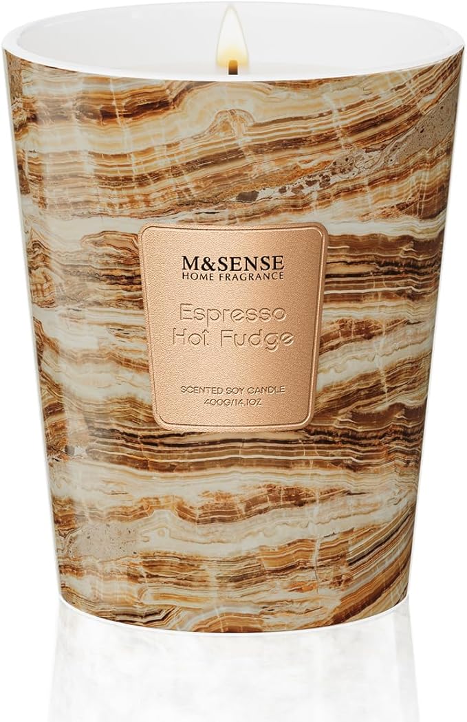 M&SENSE Espresso Hot Fudge Scented Soy Candle, 3 Wick Highly Scented 14.1 Oz 80H, Aromatherapy Christmas Gift for Women and Men