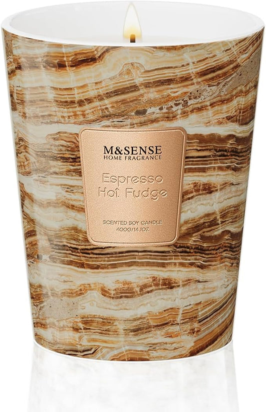 M&SENSE Espresso Hot Fudge Scented Soy Candle, 3 Wick Highly Scented 14.1 Oz 80H, Aromatherapy Christmas Gift for Women and Men