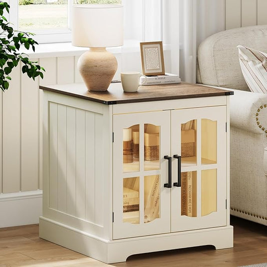 ChooChoo Farmhouse End Table with Charging Station, 24" Large Sofa Side Table with LED, Square Nightstand with Glass Barn Door, Bedside Table with Storage for Living Room, Beige（Cream and Brown