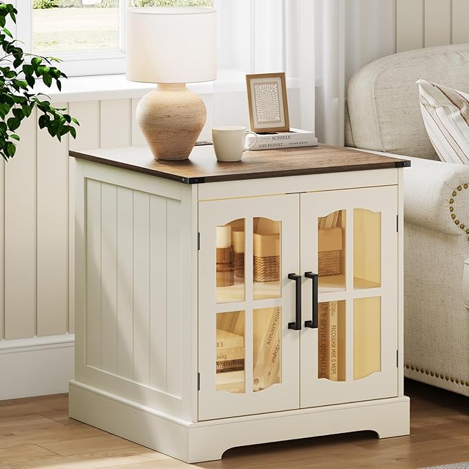 ChooChoo Farmhouse End Tables Set of 2, 24" Large Sofa Side Table with LED, Rustic Square Nightstand Set 2 with Glass Barn Door, Bedside Table with Storage for Living Room Beige（Cream and Brown