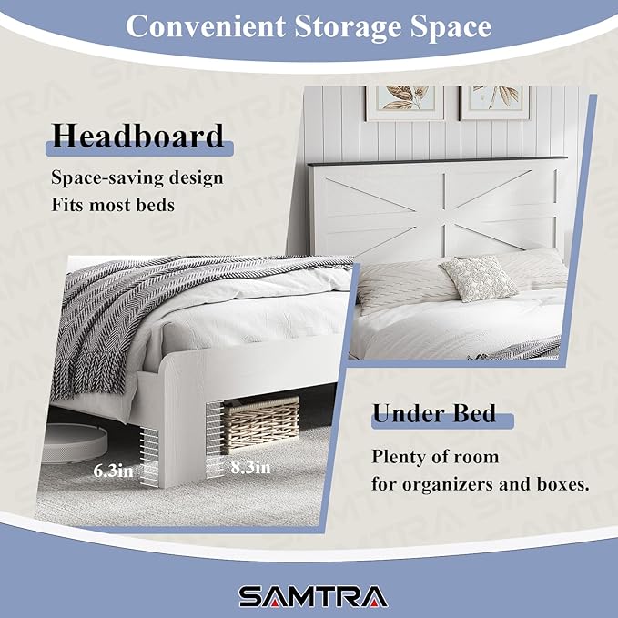 Wooden Bed Frame Queen Size with Headboard, Farmhouse Platform Bedframe with Wood Slat Support, Sturdy Framework Bed Frame, Easy Assembly (Rustic White)