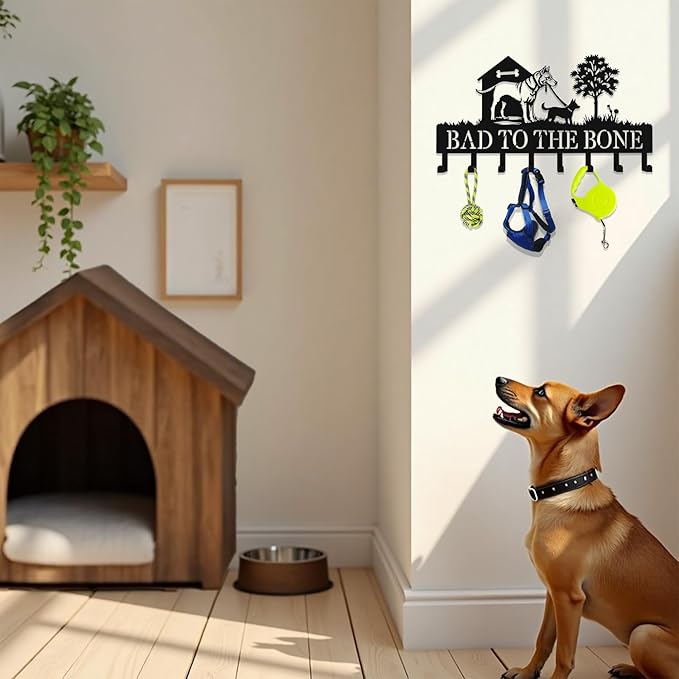 Custom Dog-Themed Key Hook Wall Decor,Personalized Engraved Metal Key Holder of Outdoor Doghouse&Daddy Dog and Puppy on Grass Design,Functional Key Hanger Wall Mount for Hallway