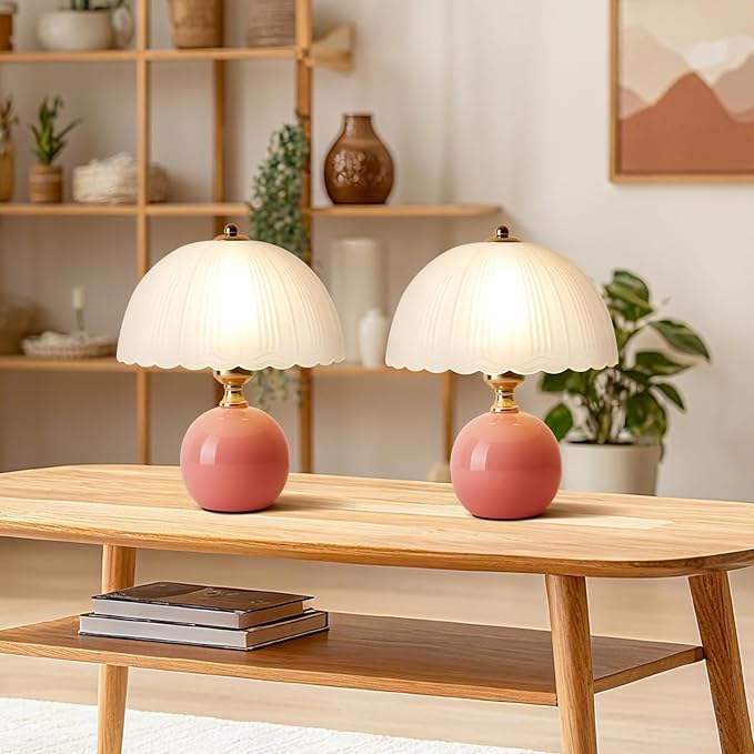 Ceramic Table lamp Set of 2, Modern Bedside Lamps Pink Mid Century Vintage Desk Lamp Retro Glass Mushroom Traditional Lamp for Nightstand Living Room Bedroom Home Decor (S05PK-2PACK)