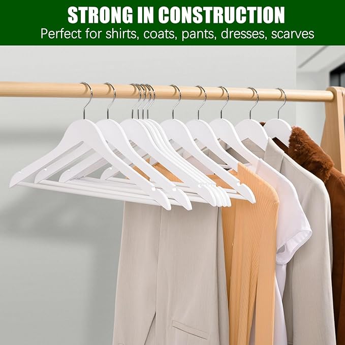 Amber Home 20 Pack Wooden Hangers with Non Slip Pant Bar - White Wood Coat Hangers for Shirts, Jackets, Dress