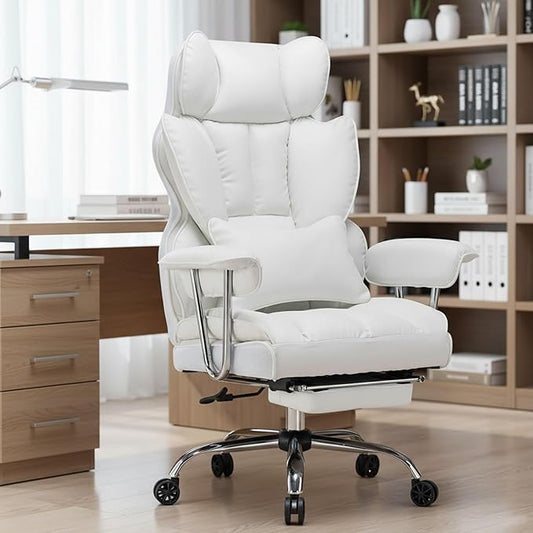 Efomao Big and Tall Office Chair 400lbs – PU Leather Executive Office Chair with Lumbar Support & Leg Rest, Heavy-Duty Computer Chair for Home Office, White