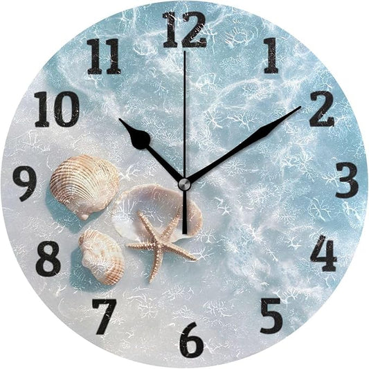 Wall Clock Blue Beach Shells Silent Non Ticking Wall Clock Decorative Battery Operated Wall Clocks for Home Kitchen Bedroom Living Room Office