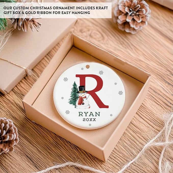Andaz Press Personalized Christmas Ornaments, Custom Name, Initial R Monogram Snowman 2.8" Ceramic Porcelain 2025 Christmas Ornament Keepsake for Kids, Boys, Girls, 1-Pack Initial Ornaments
