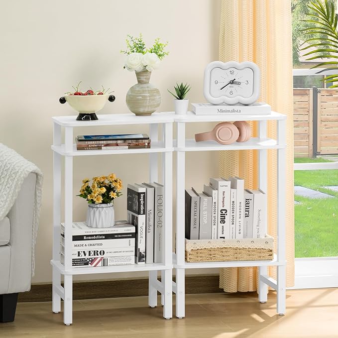 28in Tall Side Table 3-Tier Small Narrow End Table for Couch, Skinny Nightstand for Small Space, Farmhouse Slim Night Stand with Storage, Wooden Frame Thin Bedside Table, for Living Room, White