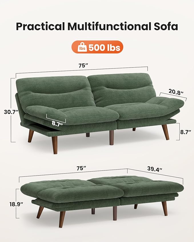 Amada 75" Convertible Futon Sofa Bed, Corduroy Folding Futon Set with Adjustable Backrest &Armrests, Recliner Lounge for Living Room, Apartment or Office, Solid Wood Frame, Loveseat Sofa -Forest Green