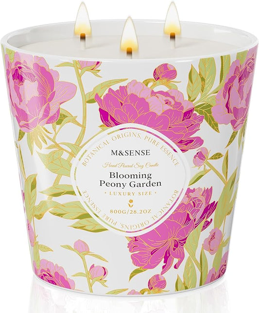 M&SENSE Blooming Peony Scented Candle, 28.2oz 3 Wick Natural Soy Wax Large Candles, Long Lasting Clean Slow Burning No Toxic Décor for Home Relaxation, Romantic Dates & Gift-Giving