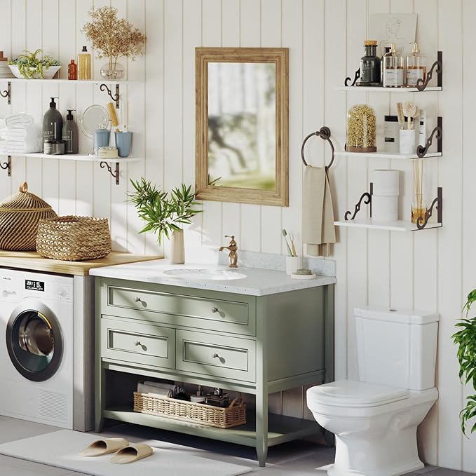 DINZI LVJ Deep Floating Shelves, 16" W x 12" D Wall Shelves Set of 2, Wide Display Shelf Wall Mounted with Brackets, Easy-to-Install Bookshelf for Living Room, Bathroom, Bedroom, White