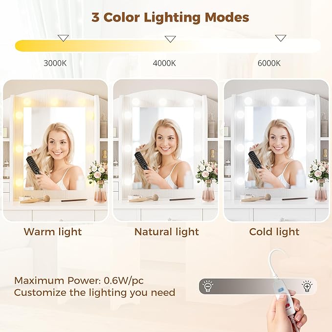 IRONCK Vanity Desk with Mirror and Lights, Makeup Vanity Table with 10 Drawers, Jewelry Organizer, Power Outlet, Storage Stool, and 3 Lighting Colors, White Vanity for Women Girls Bedroom