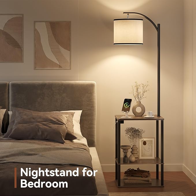 SUNMORY Floor Lamp with Table, End Table for Living Room with Lamp, Shelves Side Table with Charging Station(USB & AC Port), 3 Color Temperature LED Bulb, Modern Nightstand Lamp for Bedroom, Office
