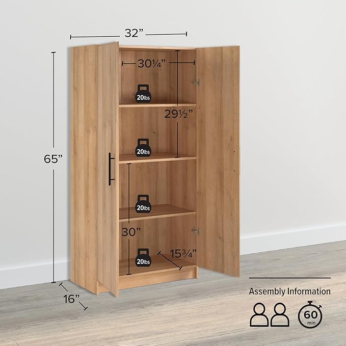 Prepac Elite Tall Garage Storage Cabinet & Pantry Storage Cupboard, 2-Door Freestanding Bathroom or Pantry Cabinet with Adjustable Shelves, 16" D x 32" W x 65" H, Oak
