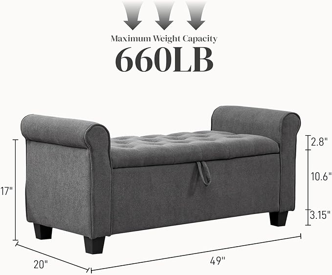 End of Bed Storage Bench for Bedroom, 49" Upholstered Storage Ottoman with Rolled Arms, Rivet Polyester Fabric Ottoman Bench for Bedroom, Living Room, Window, Entryway, Dark Gray