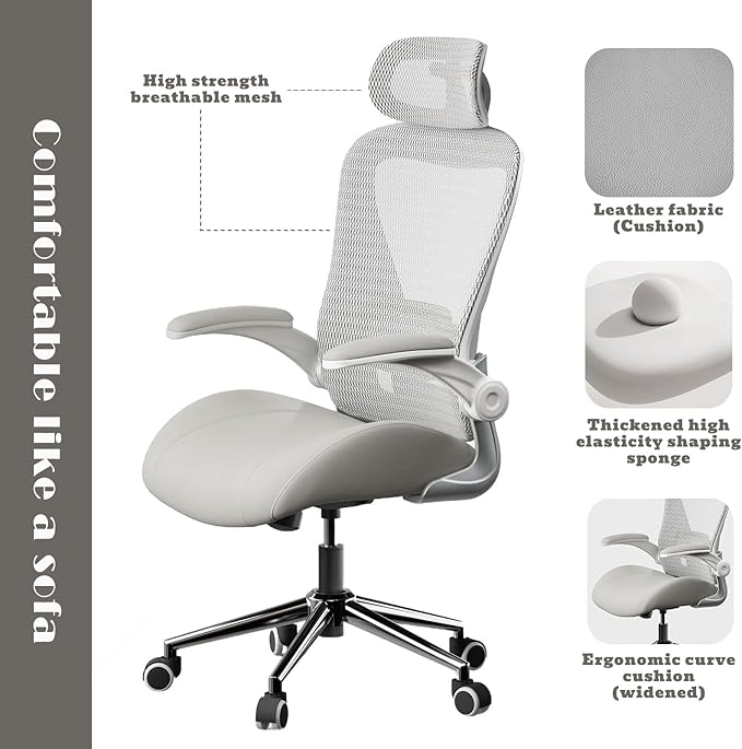 Grey Ergonomic Home Office Desk Chair, Premium Thickened Leather Curved seat with Breathable mesh Back, 3D headrest and Adjustable Lumbar Support, Ideal Chair for Office or Gaming, Gray
