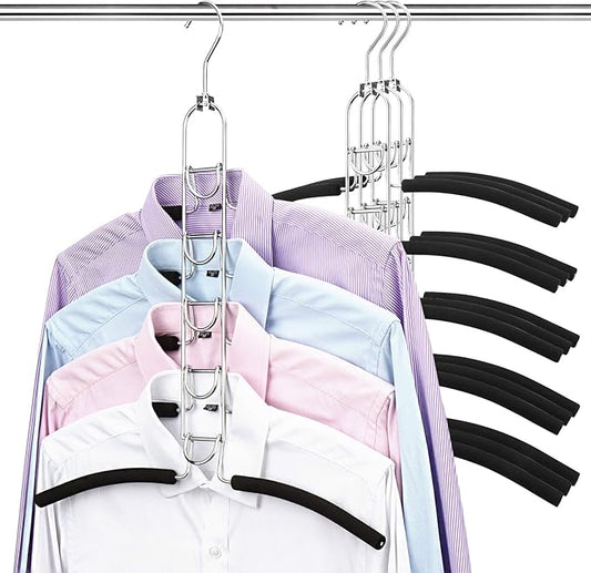 Space Saving Clothes Hangers, Multilayer Metal Hanger 4 Pack 5 in 1 Space Saver Coat Hangers, Anti-Slip Foam Padded Shirt Suit Hanger for Closet Storage Organizer