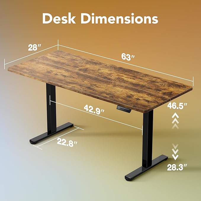 HUANUO 63 x 28 inch Electric Standing Desk Adjustable Height, 4 Memory Height Settings, Sit Stand Up Desk for Home Office & Computer Workstation, Rustic Brown