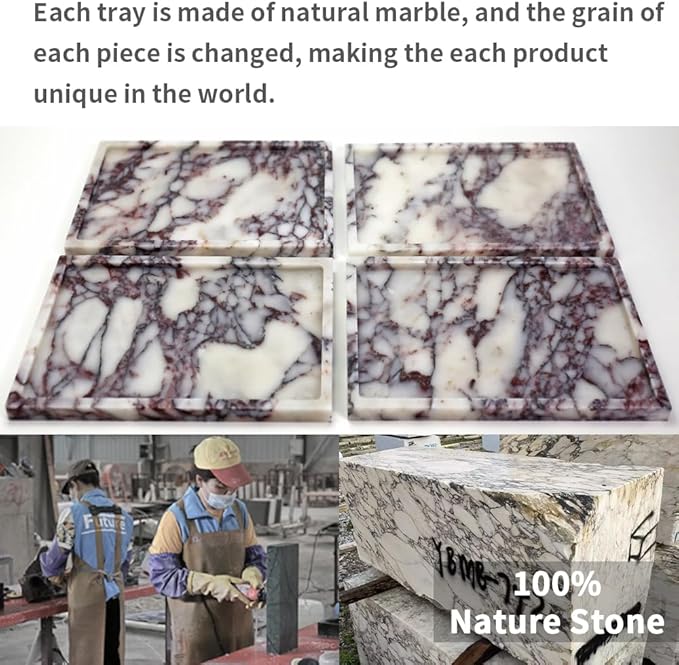 Real Luxurious Natural Marble Vanity Tray Genuine Marble Storage Tray for Home Decor Stone Tray for Bathroom/Kitchen/Vanity/Dresser,Plate Holder for Tissues, Candles, Towel