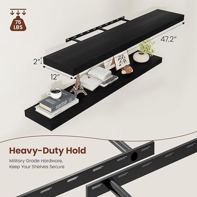 Vivelove 2 inch Thick Floating Shelves for Wall 55 Inches Long, 12" Deep Wall Shelves, for Bedroom, Bathroom, Living Room, Kitchen, Office, Modern Home Decor, 48" X 12" X 2", Set of 2, Black