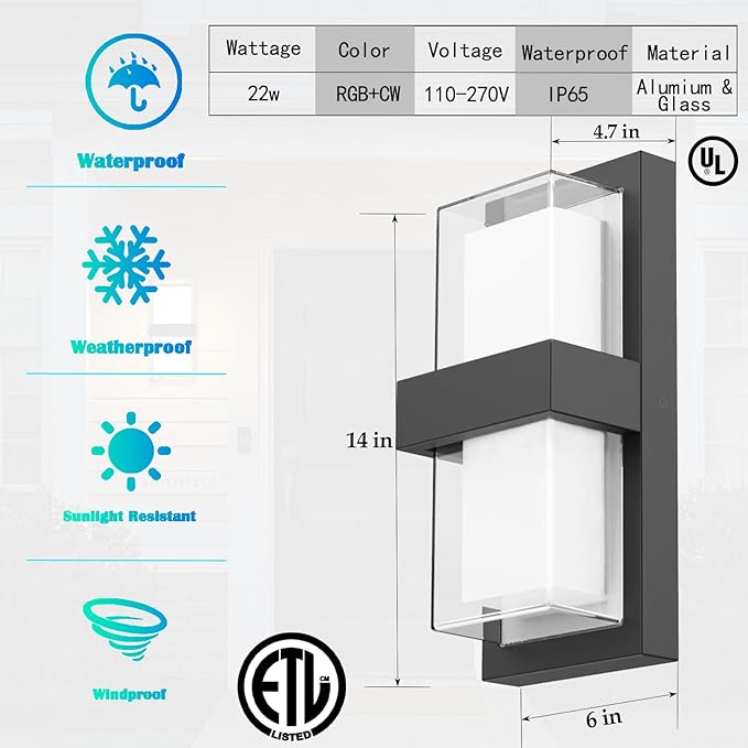 RGBCWW Color Changing LED Outdoor Wall Lights,14in 22W Smart Exterior Wall Sconces, IP65 Waterproof Outdoor Porch Lights,Tuya App Control for Front Door,Garage & Yards