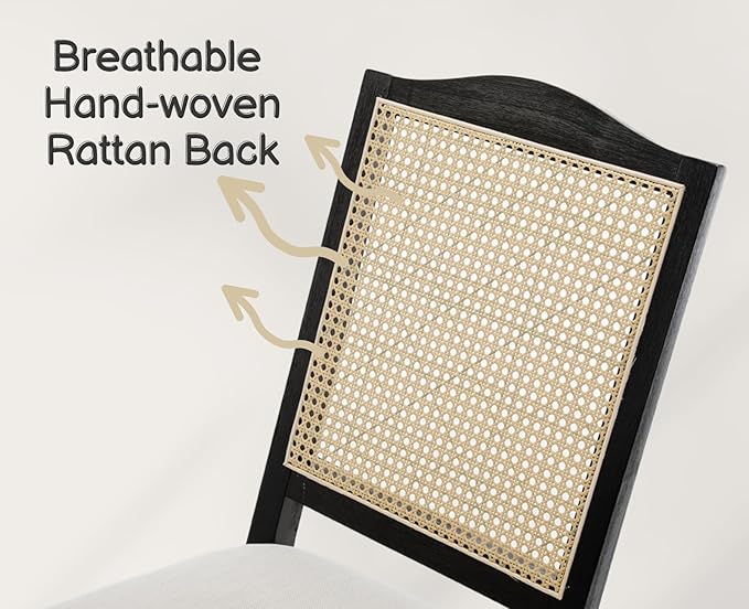 EALSON Rattan Dining Chairs Set of 6 Linen Upholstered Chairs for Dining Room, Mid-Century Modern, Black Wood Frame, Beige