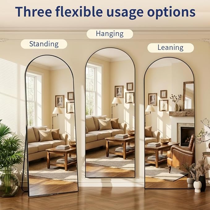 Arched Full Length Mirror,56" L x 15" W Floor Mirror, Aluminum Alloy Frame, Shatterproof Glass - Free Standing, Leaning or Wall Mounted for Bedroom, Living Room, Entryway, Modern Home (Black)