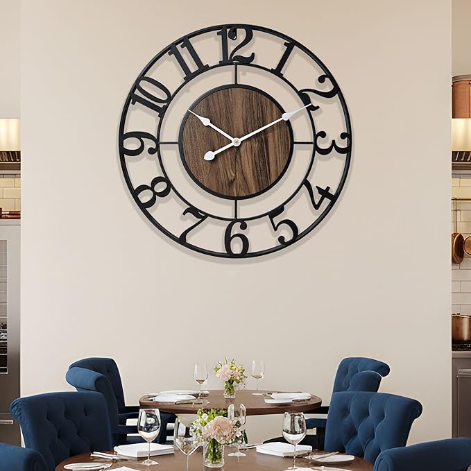 Large Metal Wall Clock, 20 Inch Retro Decorative Silent, Non Ticking, Battery Operated Modern Big Wood Wall Clock for Living Room, Farmhouse, Bedroom, Fireplace, Kitchen, Office, Home Decor