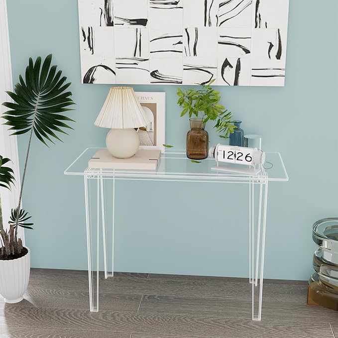 Acrylic Desk - Modern Study Table for Home Office, Extended Surface Multi-Purpose Console & Entryway Table, Sturdy Lightweight Design, Transparent Workstation for Small Spaces（Transparent-M）