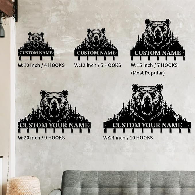 Personalized Custom Name Bear Key Wall Hooks,Metal Bear Keys Clothes Hooks,Metal Bear Wall Home Storage Decorative,For Front Door, Hallway, Kitchen, Bedroom,Keys,Hats (Style O)