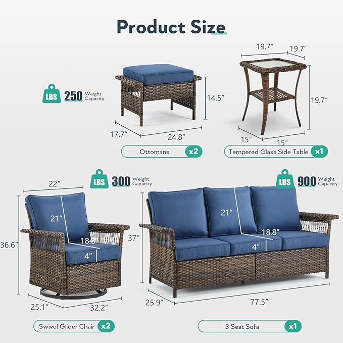 6 Pieces Wicker Patio Furniture Set - Hollow Widen Armrests Outdoor Swivel Glider Chairs and 3 Seat Sofa with Coffee Table & Ottomans for Balcony Porch Deck and Yard - Brown/Blue