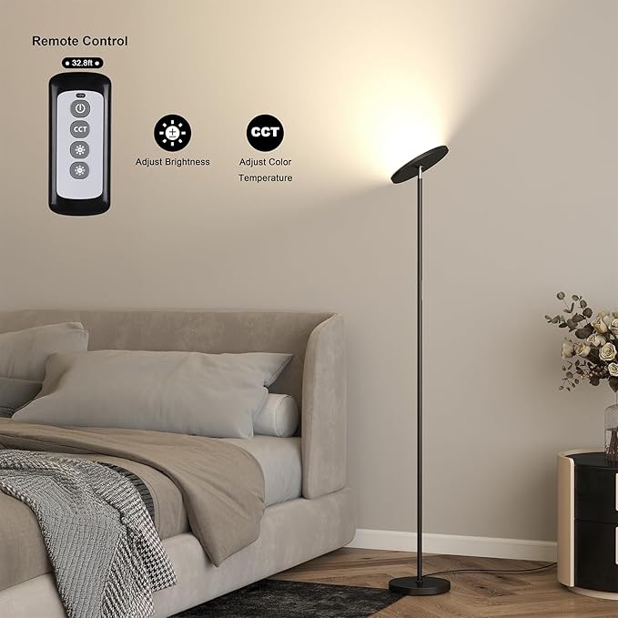 JOOFO Floor Lamp,30W/2400LM Sky LED Modern Torchiere 3 Color Temperatures Super Bright-Tall Standing Pole Light with Remote & Touch Control for Living Room,Bed Room,Office (Black)