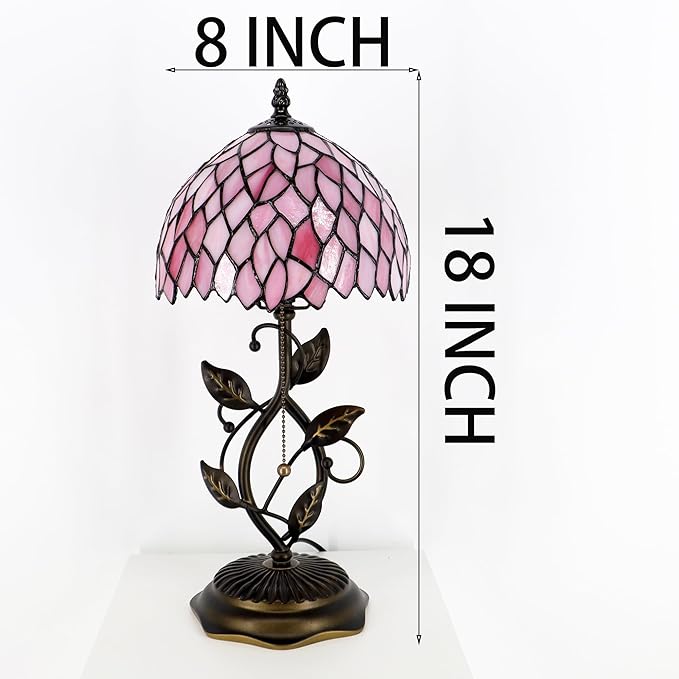 Small Tiffany Lamp Pink Leaf Style Stained Glass Table Lamps Desk Bedside Reading Light 8X8X18 Inches with Bronze Metal Leaf Resin Base