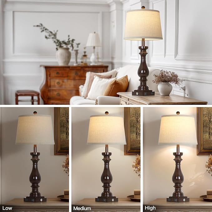 29" Tall Vintage Table Lamps Set of 2,Farmhouse Bedside Lamps with USB C+A Ports & AC Outlet,3-Way Dimmable Touch Lamp for Night Stands Living Room Bedroom,Dark Brown