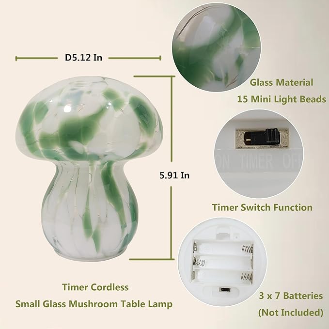 Mushroom Table Lamps Night Lights Cute Glass Nightstand Bedside Desk Lamps for Bedroom Living Study(Bulb Included) - Green