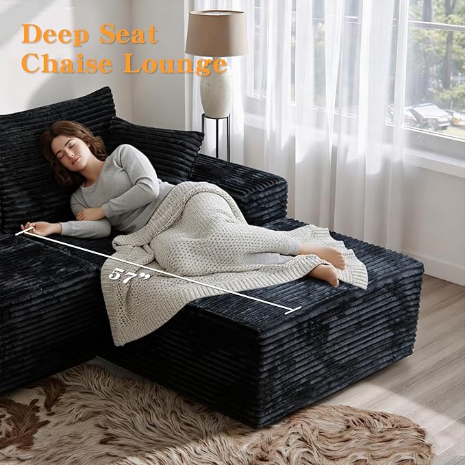 106'' Boneless Couches for Living Room, L Shaped Modular Sectional Sofa with Chaise Lounge, Faux Rabbit Fur & Layered Cushion Deep Seat Cloud Couch, No Assembly (Black, Right Facing Chaise)