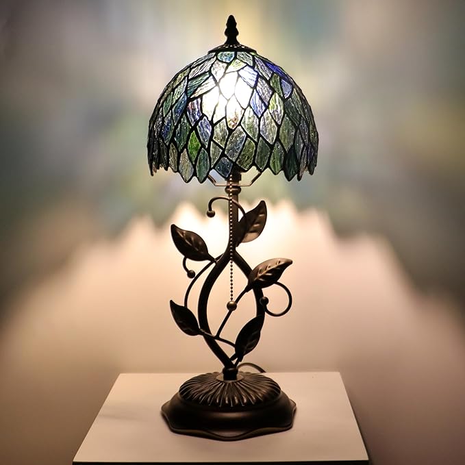 Small Tiffany Lamp Multicolor Leafage Style Stained Glass Table Lamps Desk Bedside Reading Light 8X8X18 Inches with Bronze Metal Leaf Resin Base