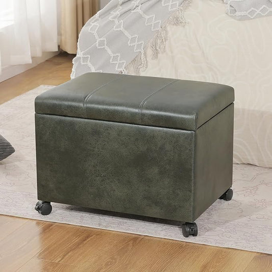 Joveco 24" Faux Suede Storage Ottoman Bench with Wheels, Rectangle Foot Rest Stool for Living Room, Bedroom, Entryway, Moss Green